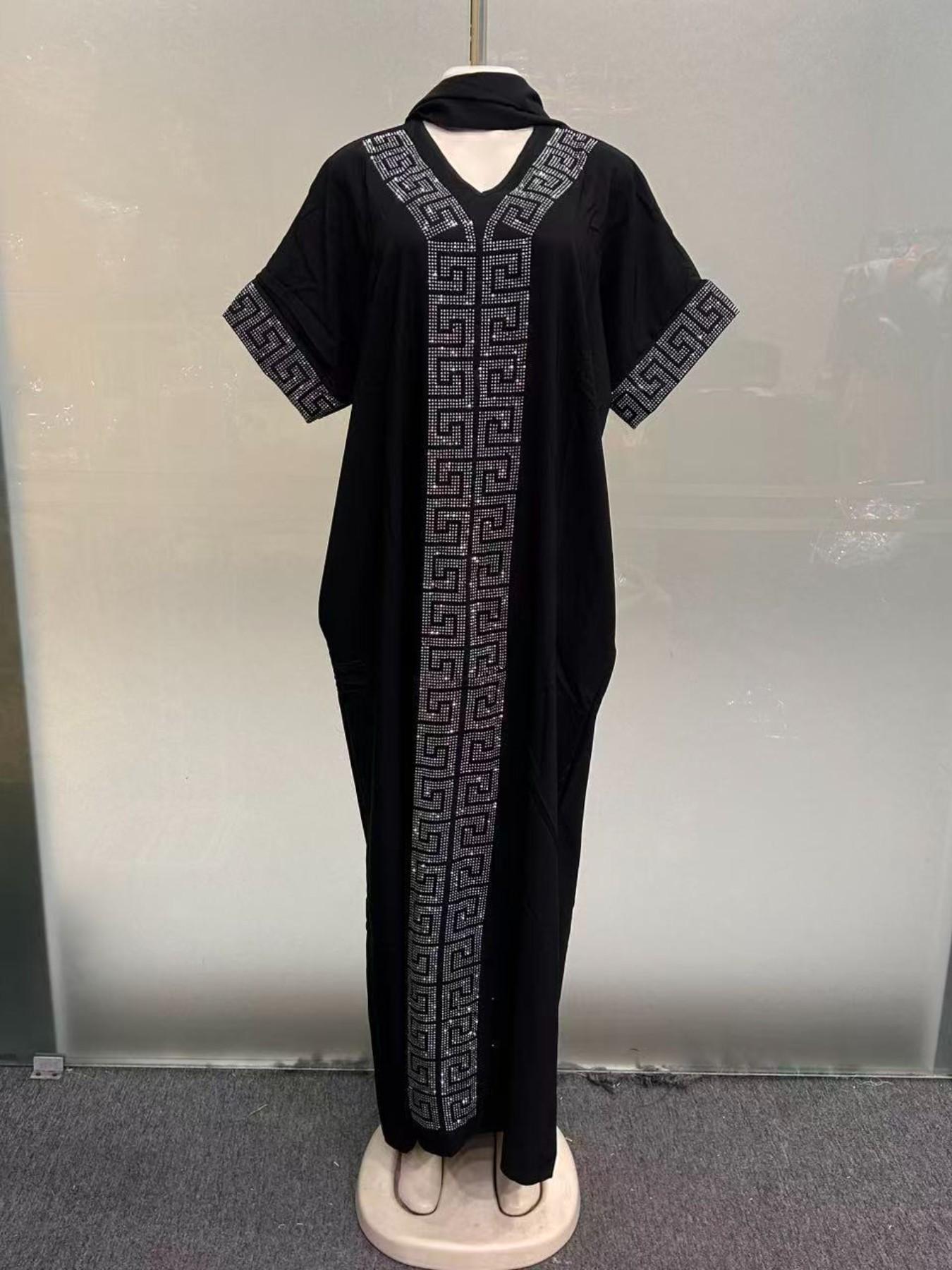 2026 African Nigerian Style Women's Islamic Clothing Rhinestone Loose Boubou Kaftan Dress, Elegant Solid Color, Muslim Ethnic Robe with Matching Scarf & Pockets, Daily Party Wear 2026 African Nigerian Style Women's Islamic Clothing Rhinestone Loose Boubou Kaftan Dress, Elegant Solid Color, Muslim Ethnic Robe with Matching Scarf & Pockets, Daily Party Wear