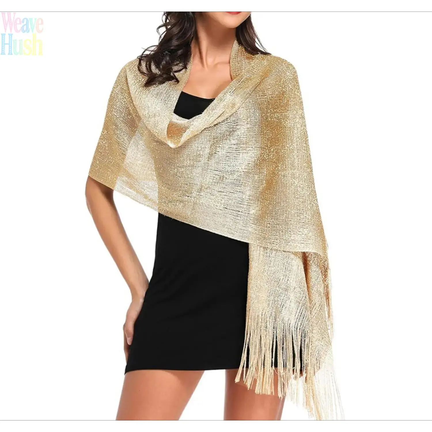 Solid Color Metallic Thread Polyester Fiber Knit Shawl - Off Shoulder Loose Fit Bridal Wrap, Lightweight Sun Protection Scarf, Elegant Cover Up for Evening Gowns, Outdoor Use