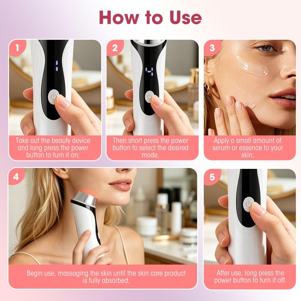 4-In-1 Facial Massage Beauty Device with Multi-Tone Red & Blue LED Lights, Warm Heating Face Contouring Lifting Machine, 4 Adjustable Skincare Modes for Face & Neck Daily Home Skin Care, Facial Beauty Massagers