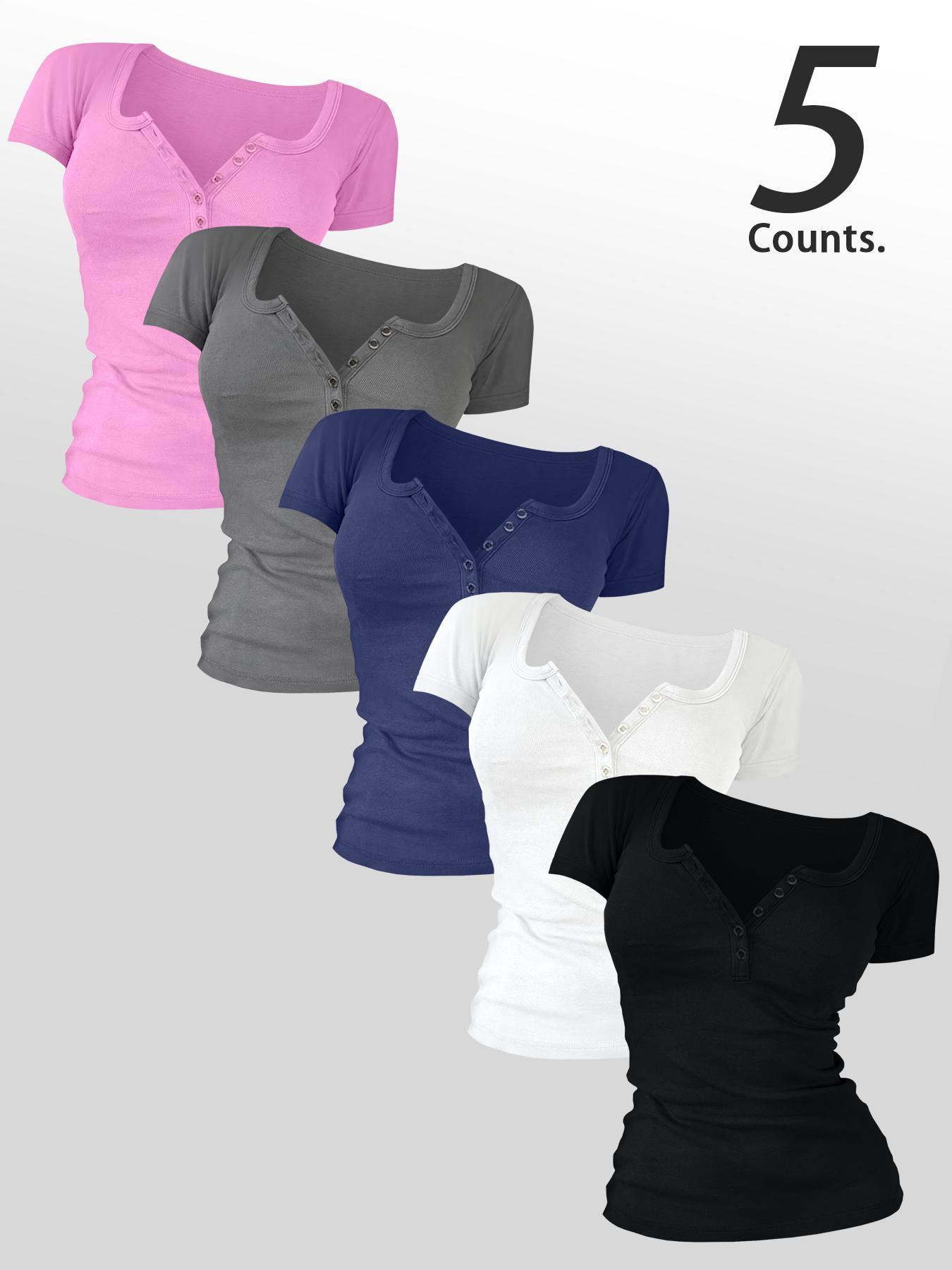 Women's Solid Color Button Decor Tee, Casual Short Sleeve Round Neck Basic T-shirt for Summer, Ladies Clothes for Daily Wear, Top