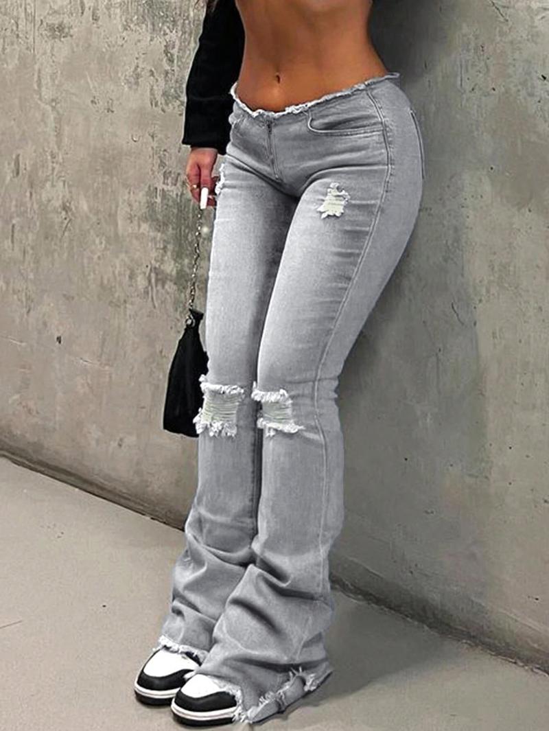 Women's Low-Waist Denim Jeans, Casual Slim-Fitting Jeans, Light Washed, Zipper Fly, Drop Waist, Long Regular Fit, All Seasons