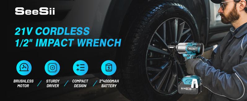 Seesii Cordless Brushless Impact Wrench 1/2 inch, (450N.m) 332Ft-lbs Max Torque Electric Impact Wrench One 4.0Ah Battery, Charger & 4 Sockets, Power Impact Driver for Car Home, Black Friday Deals