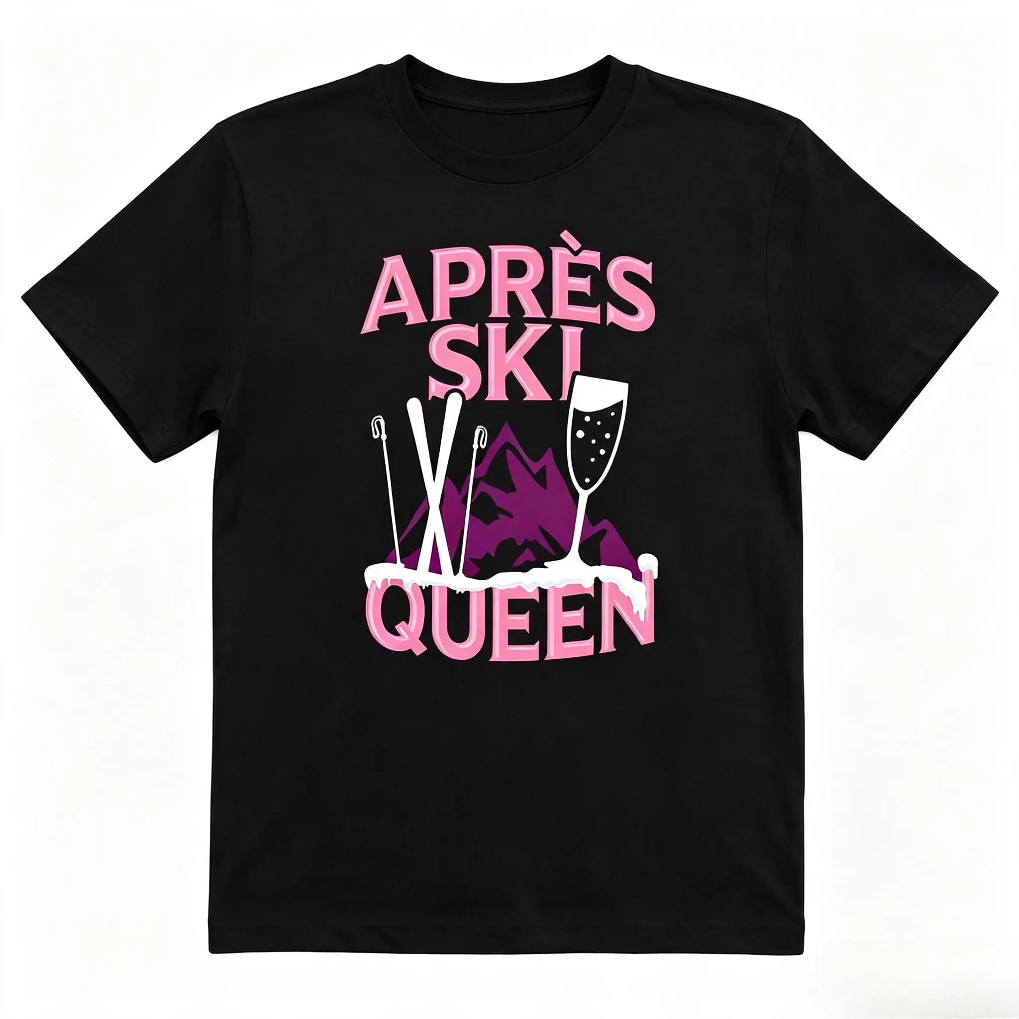 Apres Ski Queen Mountain Ski Champagne Graphic Cotton T-Shirt, Oversized Comfort Fashion Outfit, Winter Ski Casual Top, Perfect Valentine's Day Holiday Gift for Lovers, Family, Friends For Him Her