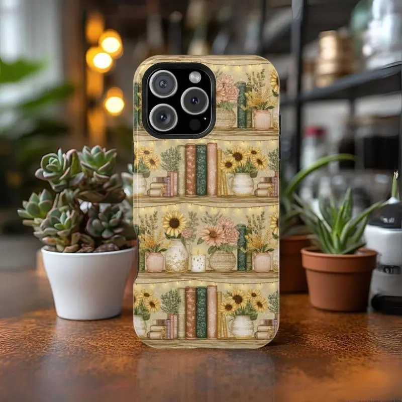 Sunflower Bookcase Smartphone Case - Durable Polycarbonate UV-Printed Floral Bookish Shell, Slim Fit Shock-Absorbent Vintage Protection, Raised Bezels, Summer Gift for Booklovers, Compatible with iPhone 11-17 Pro Max Air Plus, Mobile Phone Accessory