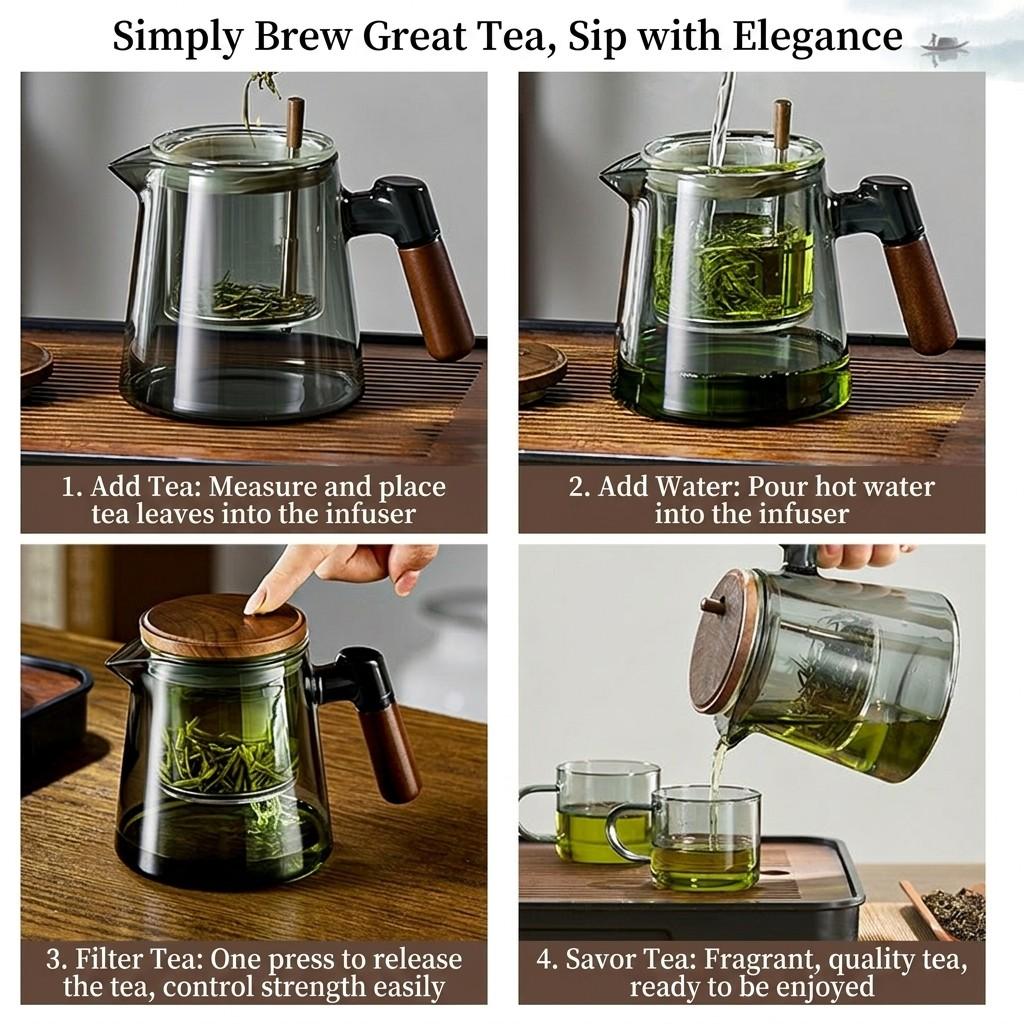 Glass Teapot with Removable Infuser Strainer & Wooden Handle - Borosilicate Heat Resistant Loose Leaf Tea Brewer for Office & Home Glass Teapot Set