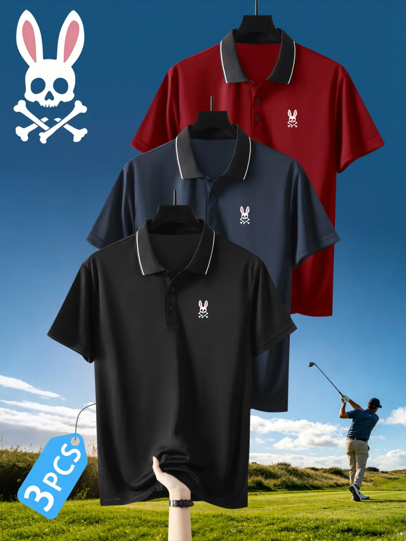 Men's Quick-Dry Polo Shirts, Summer Polos, Geometric Skull Rabbit Print, Breathable Sporty Fit, All-Season Lightweight Top, High-Quality Stretch Fabric