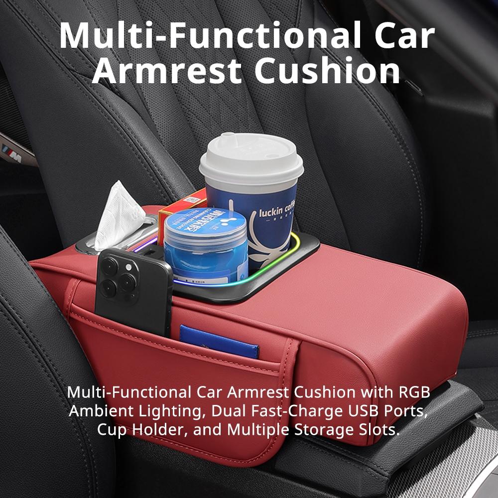 Car Multi-Functional Handrest Storage Cushion, Fast Charging Type C & Type a Dual Ports, Music Sync RGB Ambient Light, Easy Install, Car Armrest Box Accessories,  Car Console Organizer