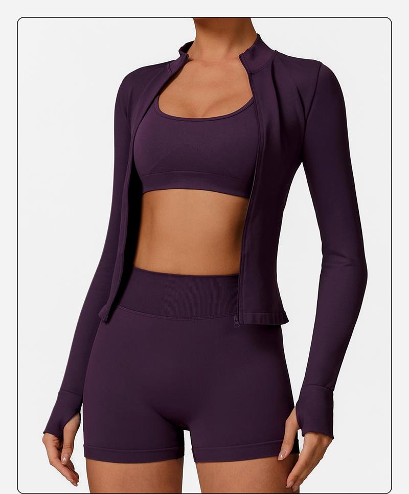 MFVIM 3-Piece Women's Sportswear Set - Solid Color Cross Short Top High-Waisted Leggings Zip Jacket Ultra-Comfortable Yoga Outfit For Fitness Running Gym Sessions Training Clothes Stretchable Activewear