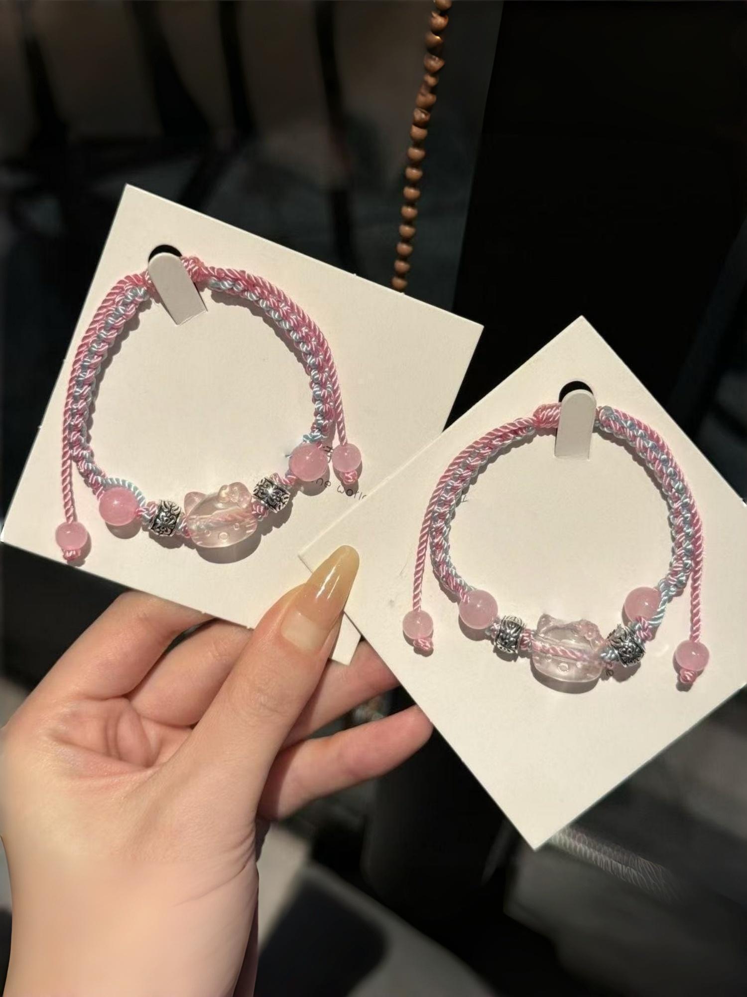 Hellokitty Handmade Blue Wristband Bracelet, Cute Student Bff Gift, Unique Cat Accessory, Perfect for Friends