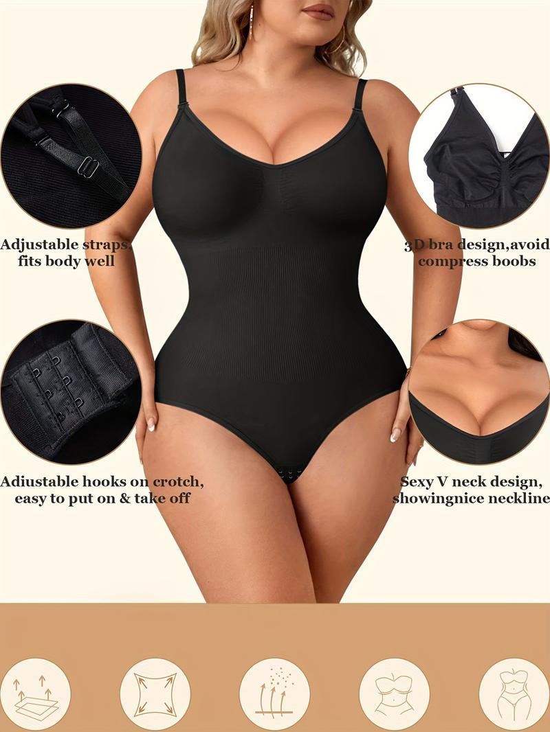 Women's Solid Open Crotch Design Shapewear Bodysuit, V Neck Adjustable Strap Tummy Control Curve Hugging Compression Shaper, Casual Women's Shapewear for All Seasons