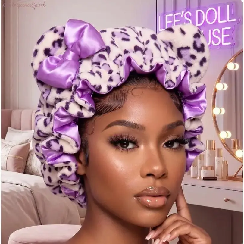 Women Pink Leopard Print Sleeping Bonnet, Soft Teddy Fleece Hair Wrap, Heatless Anti-Frizz Hair Care Cap, Stylish Hair Accessory for Night Sleep, Casual Sports & Daily Wear, Great Gift for Ladies