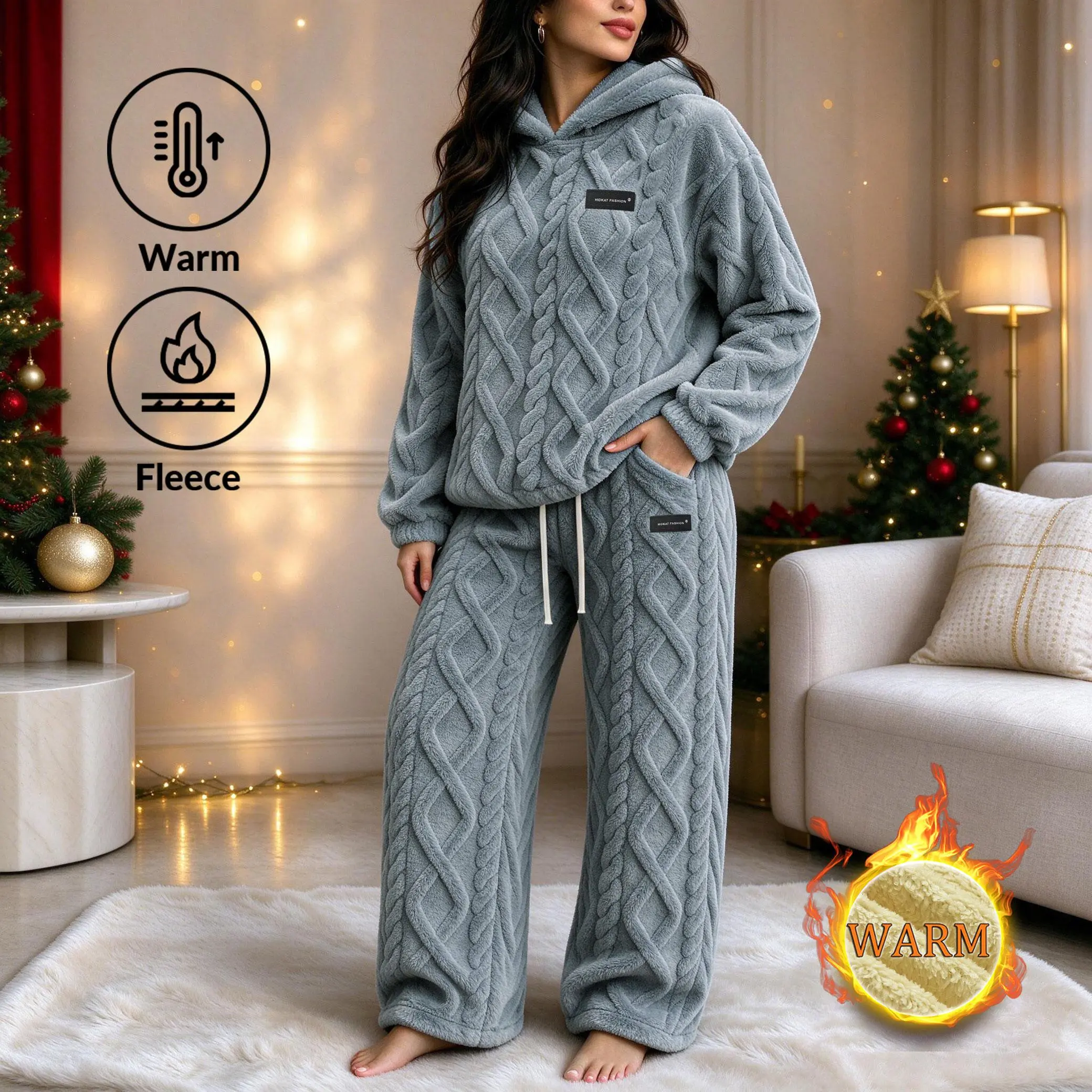 Women's Jacquard Plush Hooded Set: Thick, Warm Hooded Top Paired with Straight-leg Pants Featuring An Elastic Drawstring Waist. Loose, Oversized Fit with Side Pockets; An Excellent Gift for Christmas, Thanksgiving, or Birthdays.
