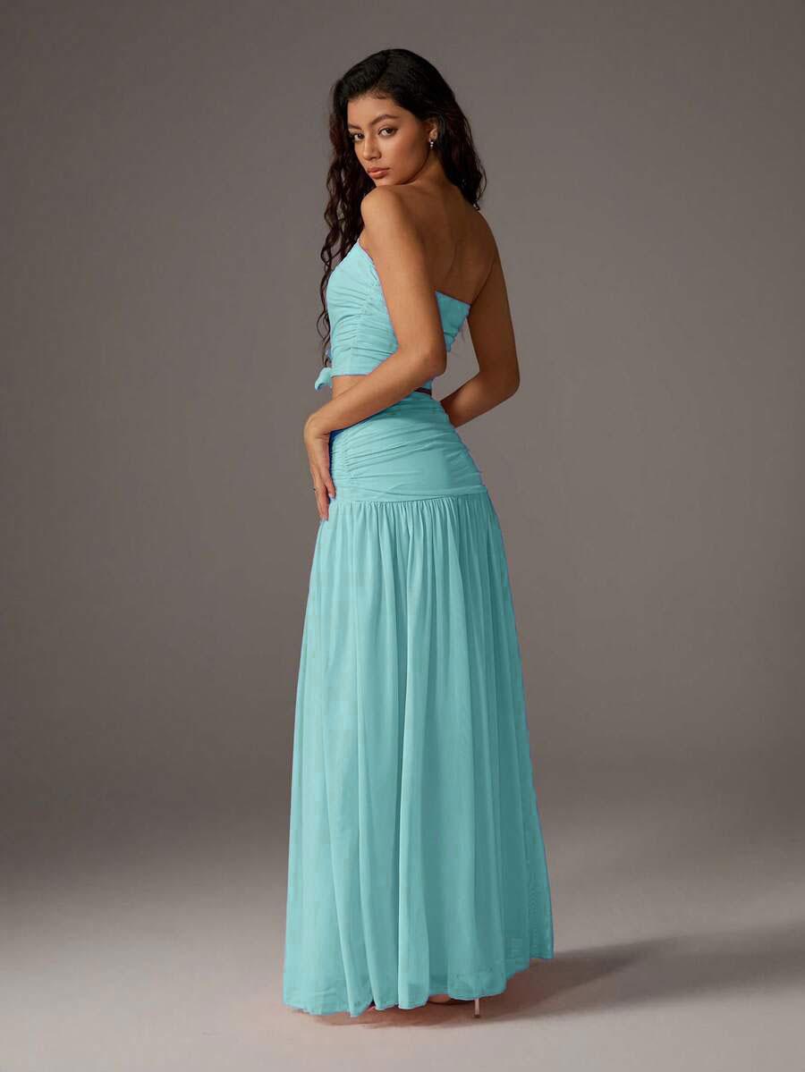 Women's Mesh Solid Color Halter Top Sleeveless and Long Dress Two-Piece Set, Breathable Summer Outfit, Elegant and Comfortable for Daily Wear, Neck Top Set