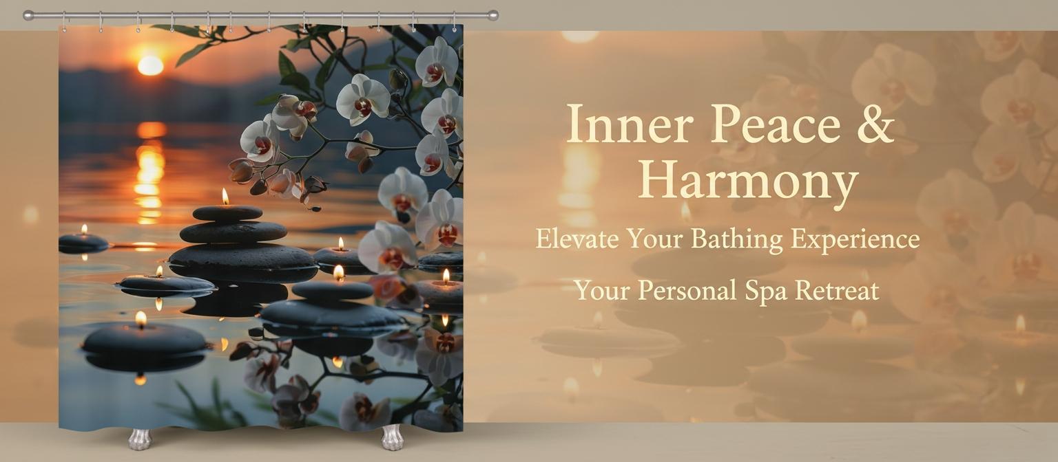 Calm Spa Style Orchid River Stone Bath Curtain, Healing Water Scene Candle Fabric Bathroom Curtain, Soft Polyester Shower Divider