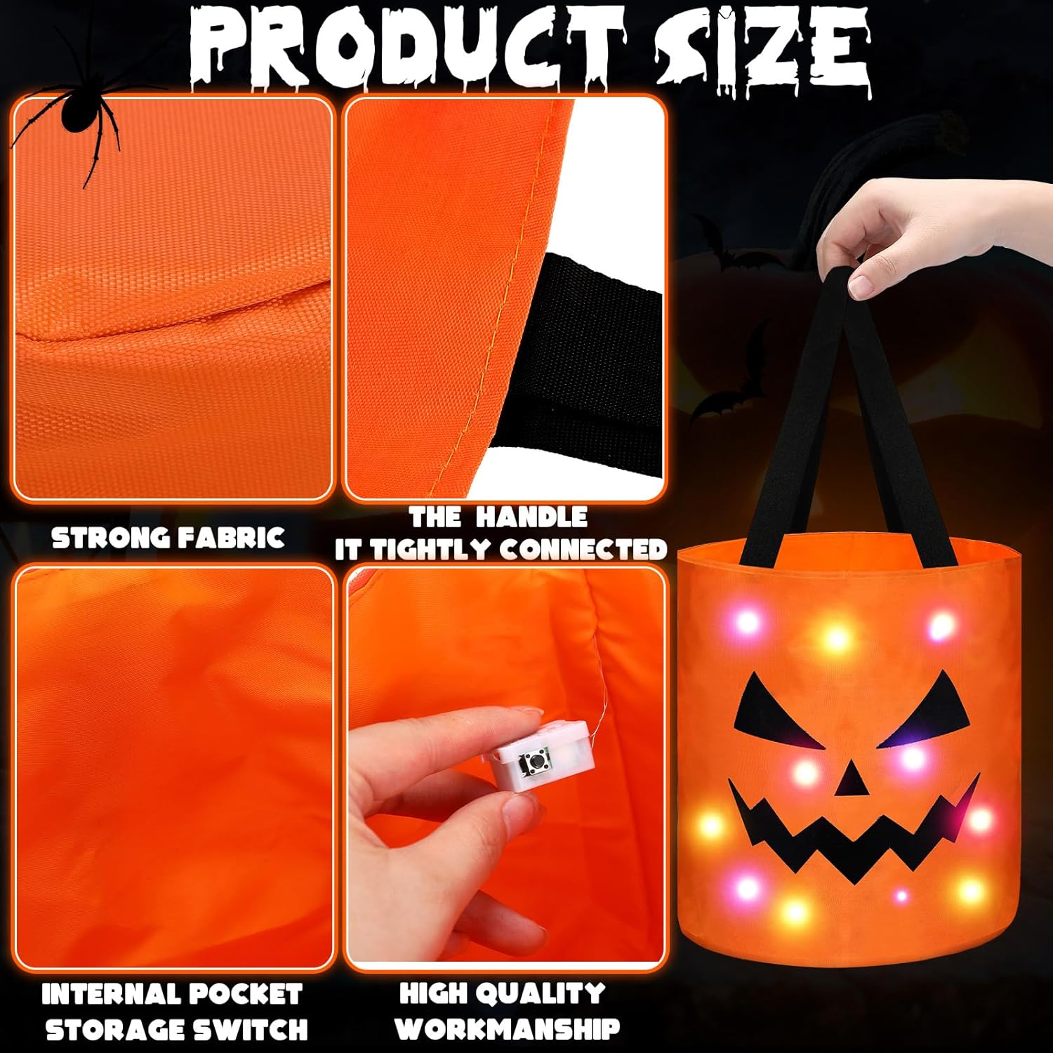 4 Pcs Halloween Candy Bucket with LED Lights Trick or Treat Bags Pumpkin Candy Bags Reusable Tote Bags for Students Adults,Night Light Bags for Home Garden Lawn Decorations,Halloween  inside decor Birthday Christmas Party Favor Supplies