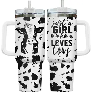 This 40-ounce cow-patterned insulated mug with handle and straw, a "Cow-Loving Girl" vacuum-insulated travel coffee mug, is the perfect birthday and Mother's Day gift for girls and women.