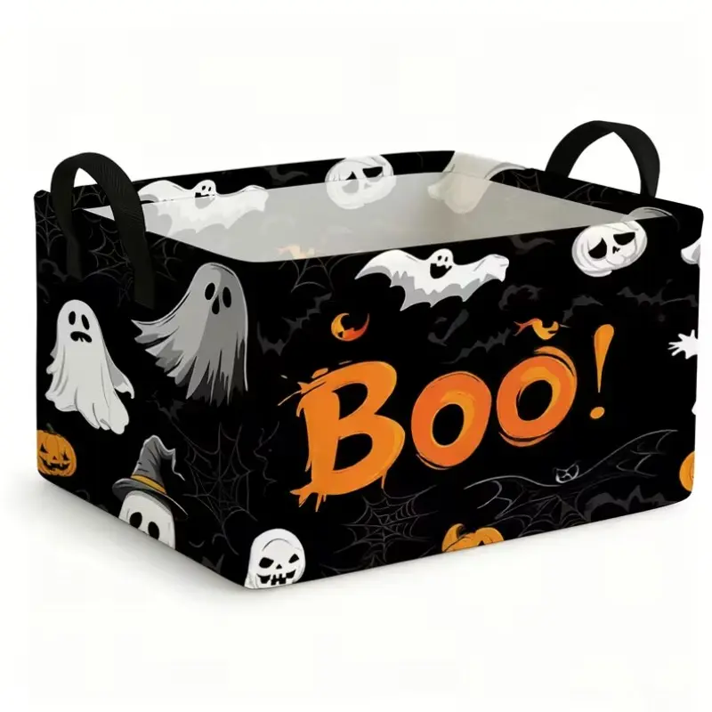 1pc, Spooky Halloween Boo Pattern Storage Basket – Foldable Organizer Box with Durable Handles, Decorative Large Capacity Storage Bin, Ideal for Home Wardrobes, Bedrooms, Living Rooms – Perfect Gift for Halloween Parties, Fall Home Décor