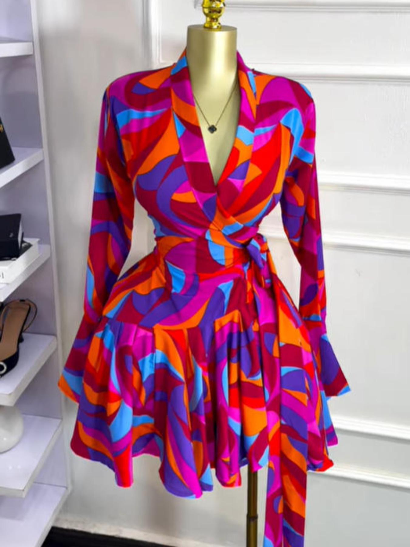 PULKRITU Elegant Aesthetic Women's Tie-Dye Polka Dot Print Flare Long Sleeve Dress, V-Neck Bow Hem, Fall Winter Wear, Elegant Vacation Party Birthday Dress,Lady Skirt,Casual Dresses,Female Brunch Dresses,Music Festival Dress,Fashion