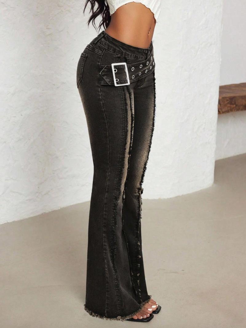 Women's Low Waist Bell-Bottom Jeans With Big Sun Logo Button And Eyelets Big Belt，Bootcut Jeans,Comfortable Stretch Denim Jeans，Patchwork Fringe Washed Vintage Long Pants, Casual Denim Trousers for Everyday Wear