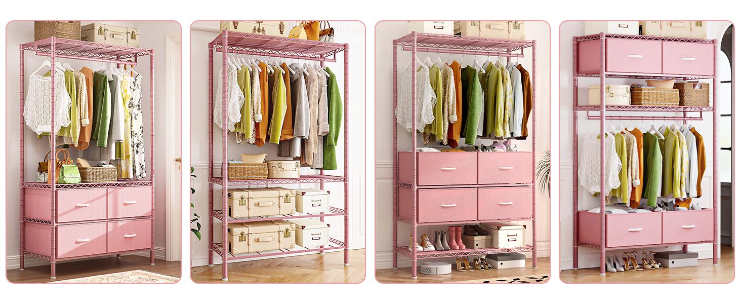 Clothes Rack, 184LBS Garment Rack Closet Rack with Drawers Clothing Racks for Hanging Clothes Heavy Duty Clothes Rack DIY Portable Adjustable Metal Clothing Rack with Shelves, Pink, Gray