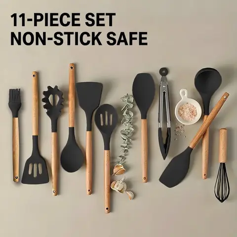 Silicone Kitchen Utensil Set, 11pcs Non-stick Cooking Utensils with Wooden Handle, Kitchen Cookware Sets, Cooking Tools for Daily Use, Kitchen Cooking Accessories, Household Kitchen Cooking, Home and Kitchen, Kitchenware Utensils
