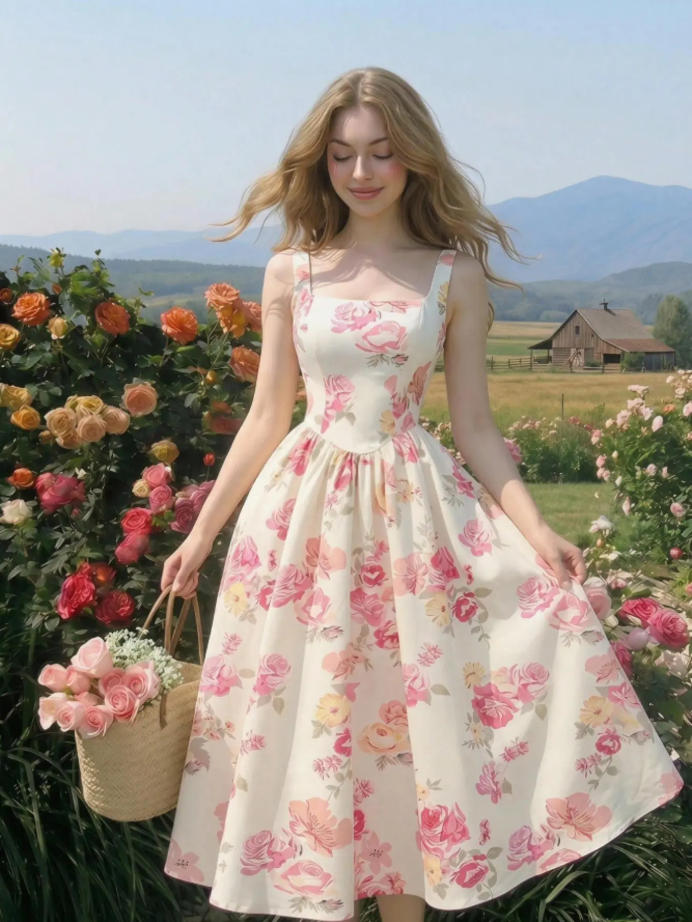 French Floral Halter Dress for Women, Waist Cinching Slim Fit, Vintage Soft Rose Dress, All Seasons Casual Style, Cute