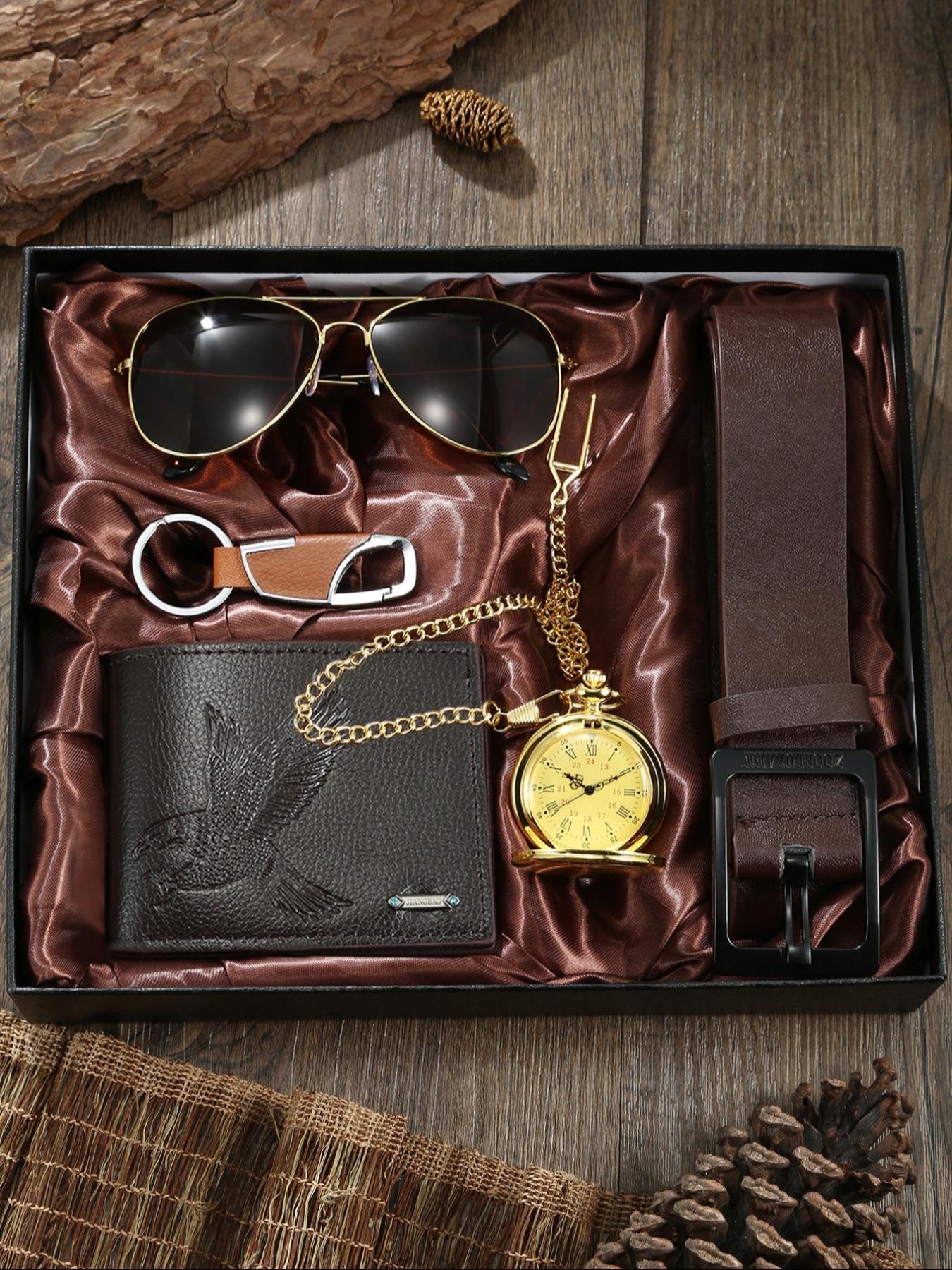 Vintage Fashion Casual Men's Watch Set 5pcs Men Accessories, Includes Sunglasses Wallet Belt Keychain, Perfect Gift for Daily Party Birthday Thanksgiving Father's Day