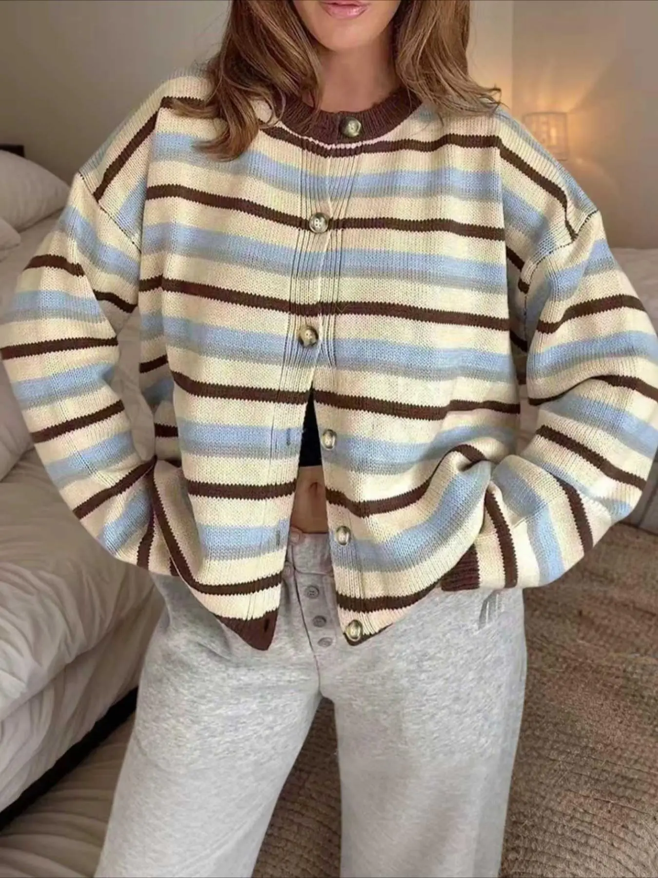 New Women's Short Loose Fit Elegant Outdoor Striped Colorblock Button Cardigan, Knit Fabric, Spring Y2K Cute Festival Commute Casual