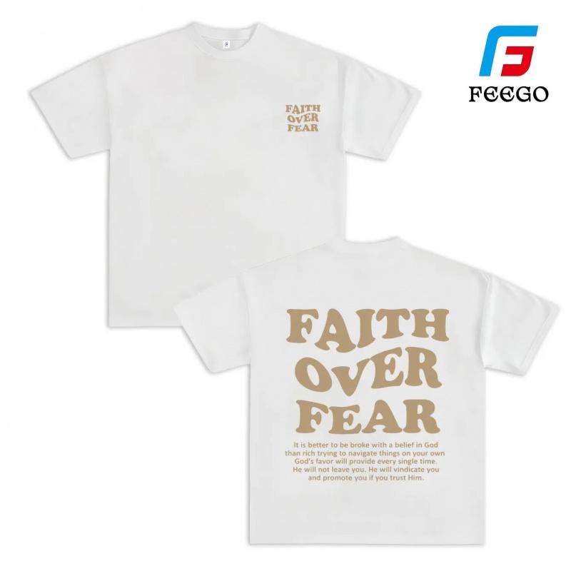 FEEGO Faith Over Fear leisure T-shirt vintage washed street interlocking letters  T-shirt Unisex T-shirt made from old black wind streetwear, drop shoulder sleeves round neck top short sleeves