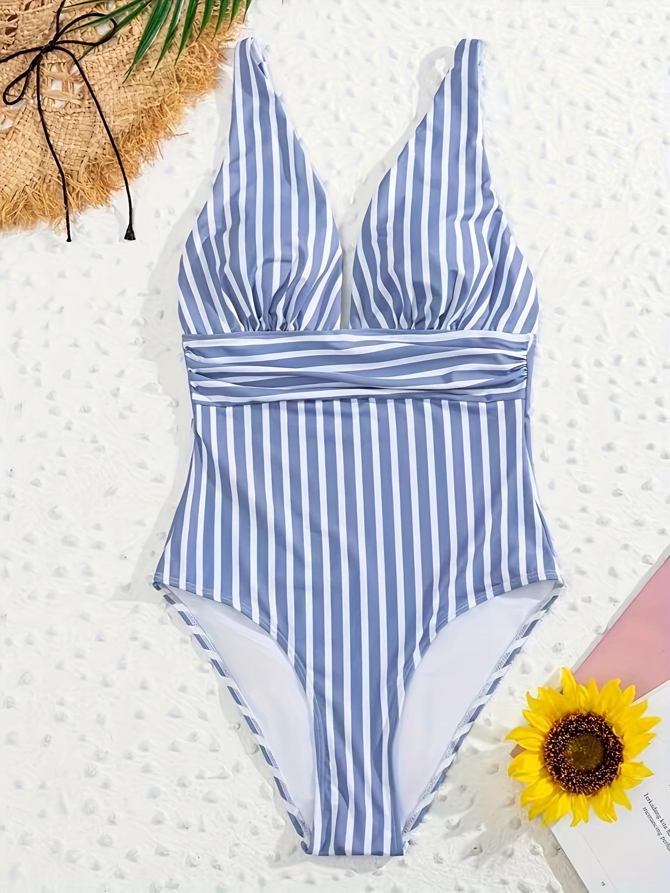 Cute Blue & White Stripe Bodysuit - Great for Island Hopping & Surfing, Avoids Overly Sexy Looks with a Modest yet Flirty V-Neck, Offering Secure Fit & Comfortable Coverage for Active Water Sports.
