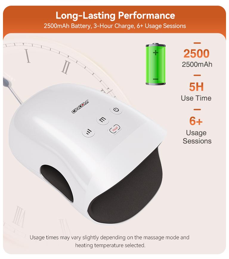 CINCOM Portable Hand Massager (BLACK), Cordless, with Comfort Heat and Gentle Vibration, Adjustable Settings, Auto-Off Feature, Rechargeable, Perfect for Daily Relaxation, Ideal Gift