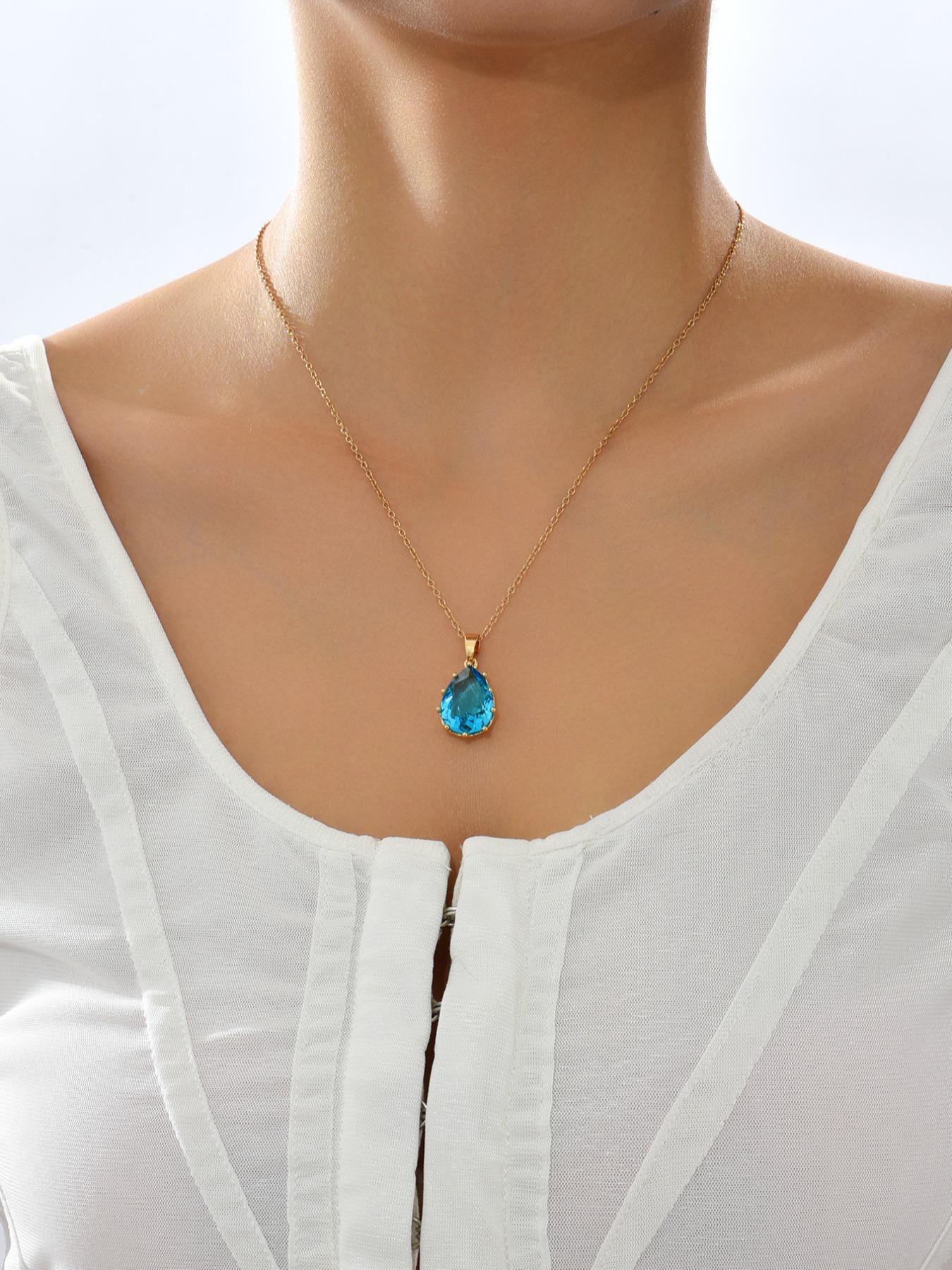 Simple Single Layer Transparent Gemstone Water Drop Crystal Zircon Pendant Necklace, Elegant Jewelry for Women, Perfect Gift Idea
