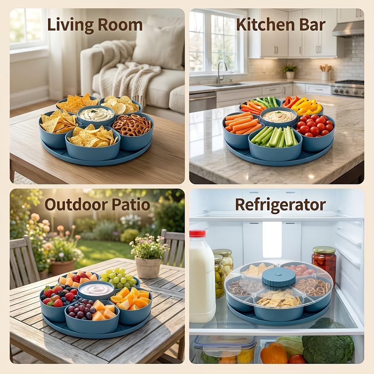 Rotating Divided Serving Tray with Spinning Lid, Multi-Compartment Food Organizer, Portable Travel Snack Box, Ideal Hostess Gift