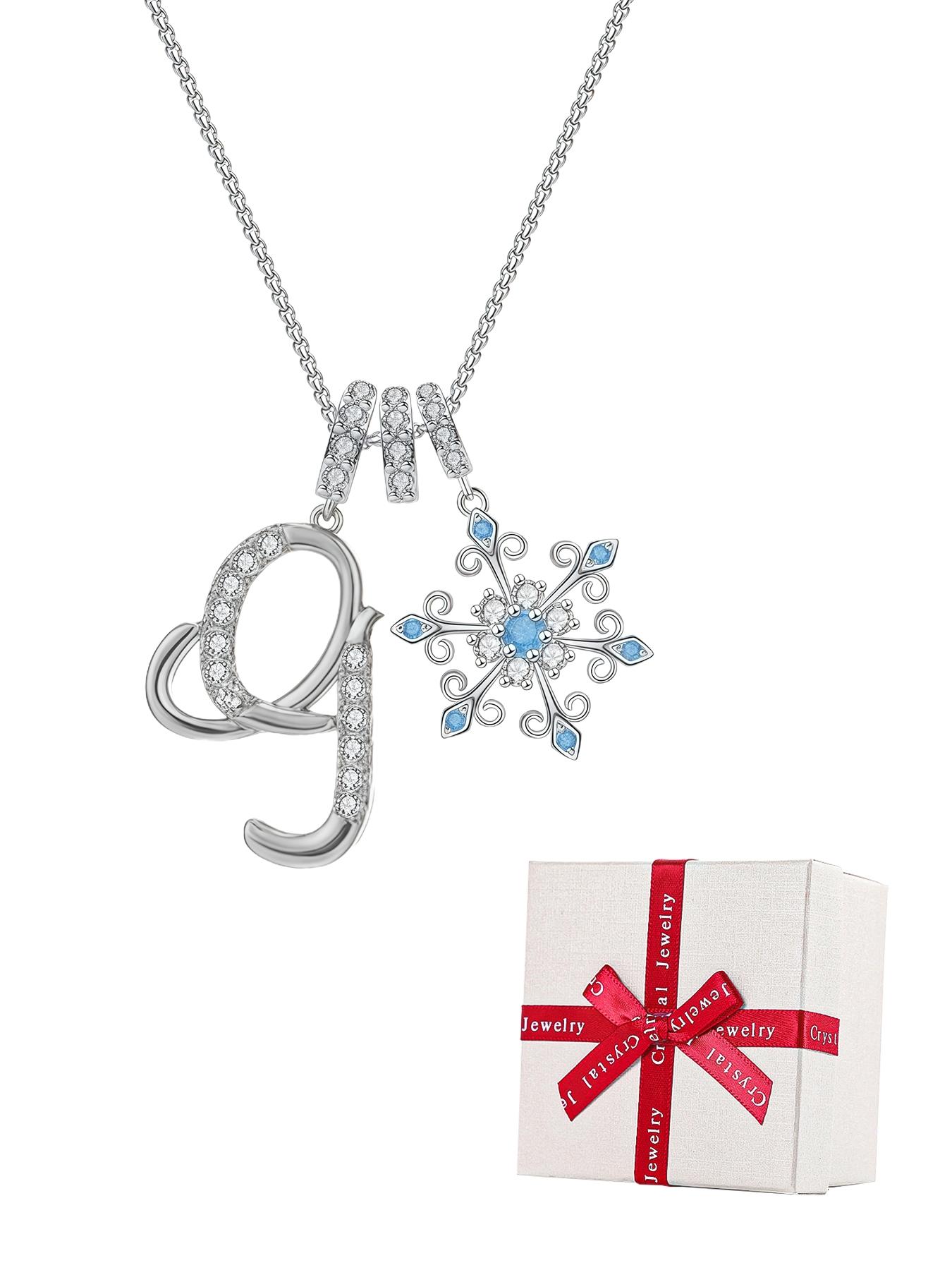 Snowflake Initial Necklace with Blue Rose Jewelry Box, Included Jewelry Box, Letter Pendant for Women, Birthday Christmas Gift for Wife Mom Girlfriend Daughter