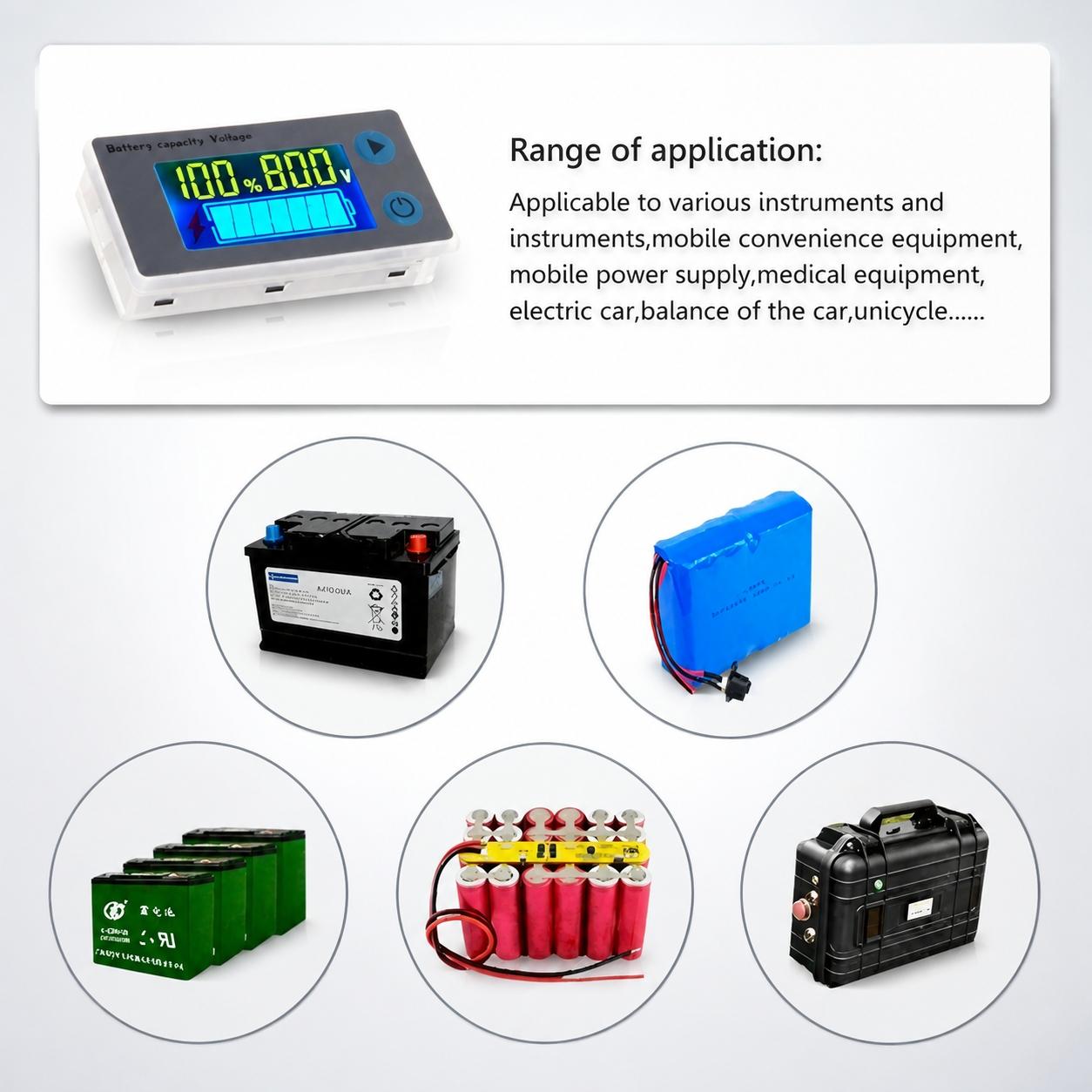 Multifunctional Battery Capacity Monitor LCD Voltage Thermometer 10-100V Programmable Gauge for 12V 24V 36V 48V Lithium Batteries Real Time Percentage Health Status Indicator Compatible with Various Battery Types