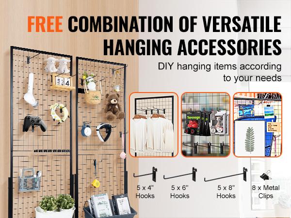 VEVOR 2'x 5.6' Grid Wall Panels Tower, 2 Packs Wire Gridwall Display Racks with T-Base Floorstanding, Double Side Gridwall Panels for Art Craft Shows, Retail Display with Extra Clips and Hooks
