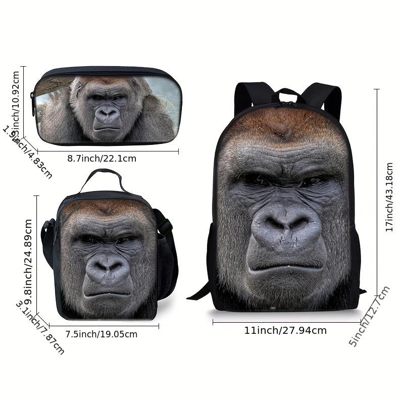Wild Vibe 3-Piece School Backpack Set - Oxford Cloth, Adjustable Straps, Ultra-Realistic Silverback Gorilla Print on Black Background, Includes Lunch Bag & Cosmetic Bag, for Young Animal Lovers, Ideal for School/Outdoor Use