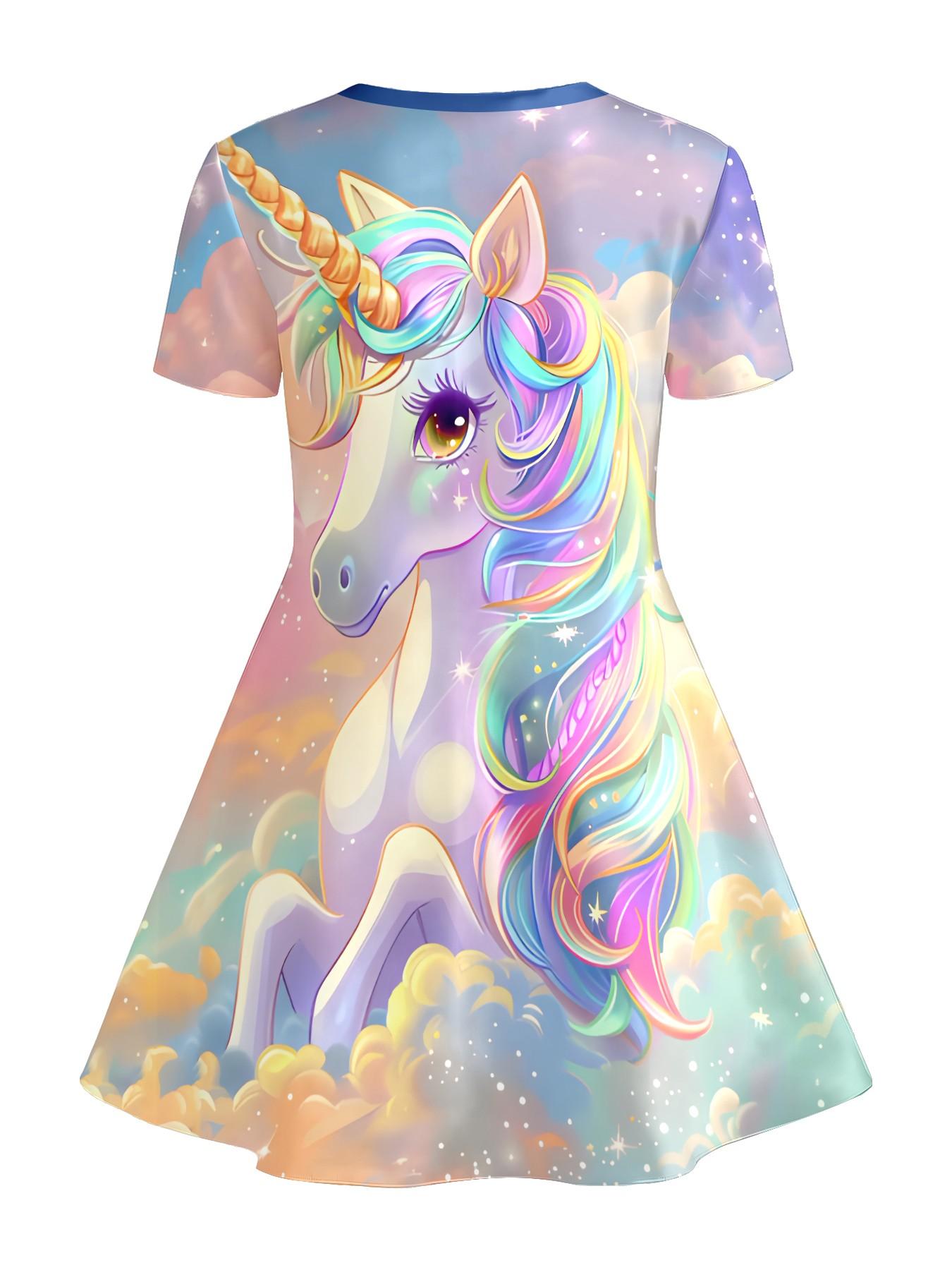 Girls' Rainbow Unicorn Dress, Summer Short Sleeve Cartoon Print, Knee-Length A-Line Princess Dress, Casual Fitted Asymmetrical Design