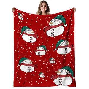 1Pc Snowman Print Flannel Blanket - Soft Warm 280Gsm All-Season Bedspread With Red/Green/White Snowman & Holly Leaf Pattern, Thick Cozy Bed Cover For Sofa, Bed, Christmas Winter Decorations (Machine Washable)
