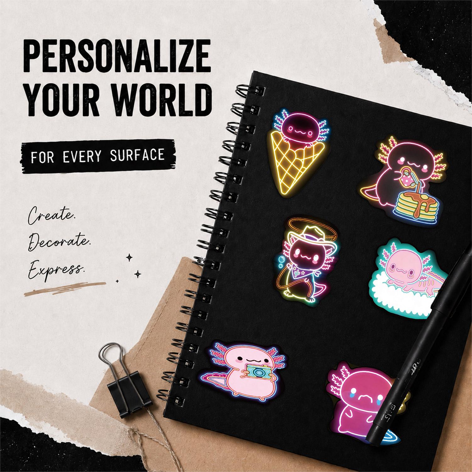 50pcs*5packs Neon Axolotl Aesthetic Vinyl Stickers Pack for Laptop Water Bottle Phone Case Skateboard Journal Scrapbook DIY Decoration