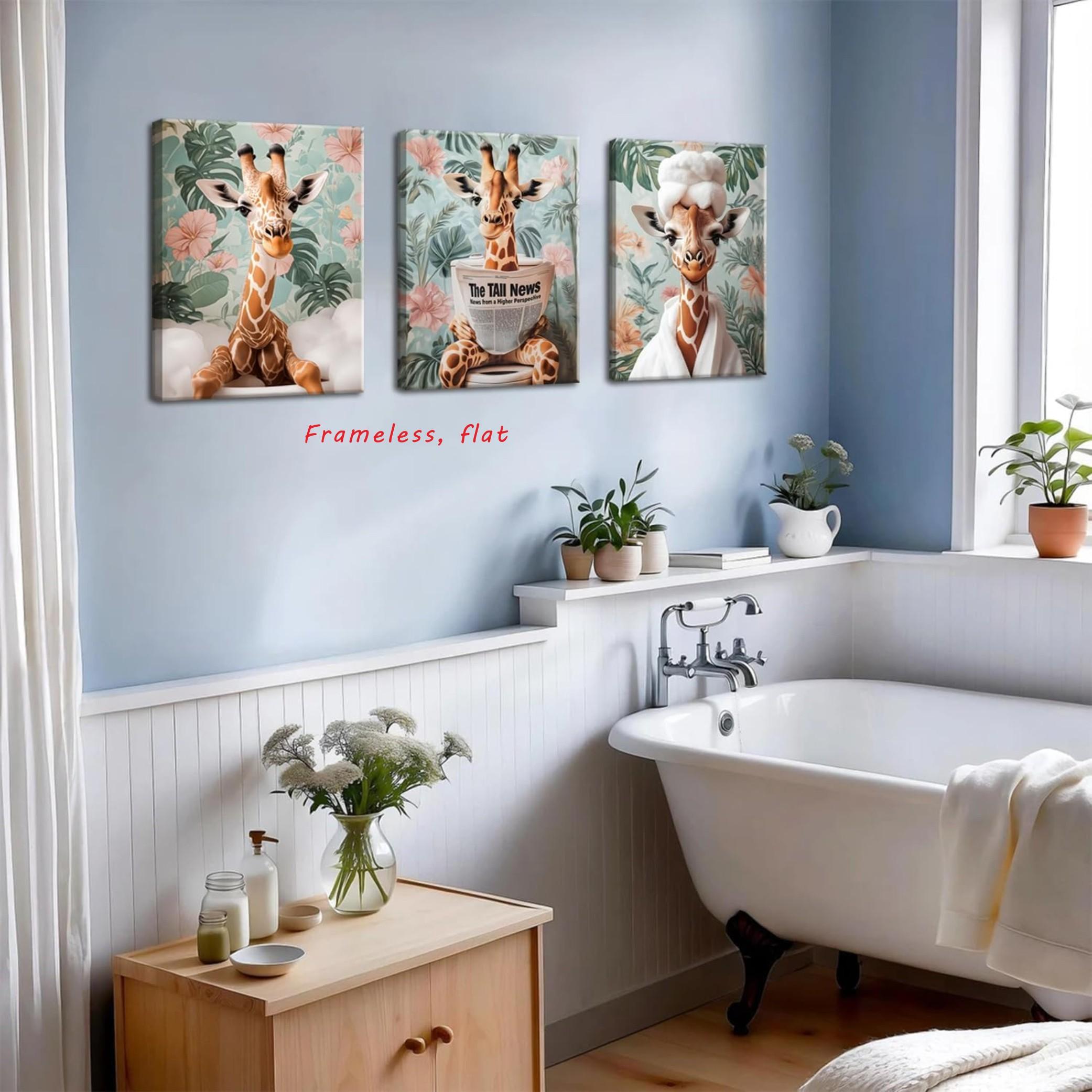 3-Piece Set / Giraffe Wall Art Playful giraffe animal poster with floral background Bathroom decor Modern farmhouse style Frameless wall decor