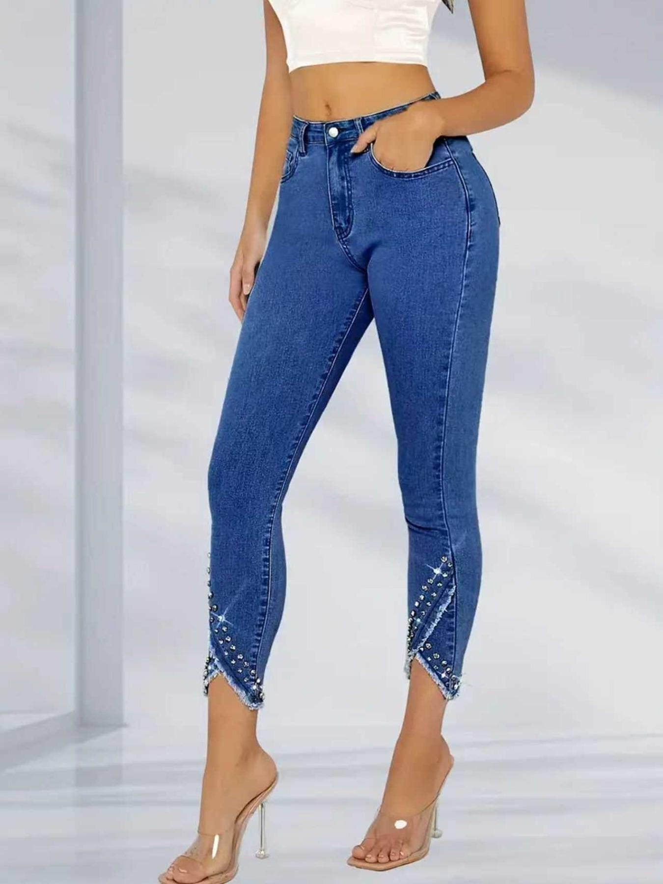 Women's Casual Denim Capri Pants with Rhinestone Hem, Tight Fit Skinny Long Jeans, Stylish Ladies' Fashion Bottoms, Trouser