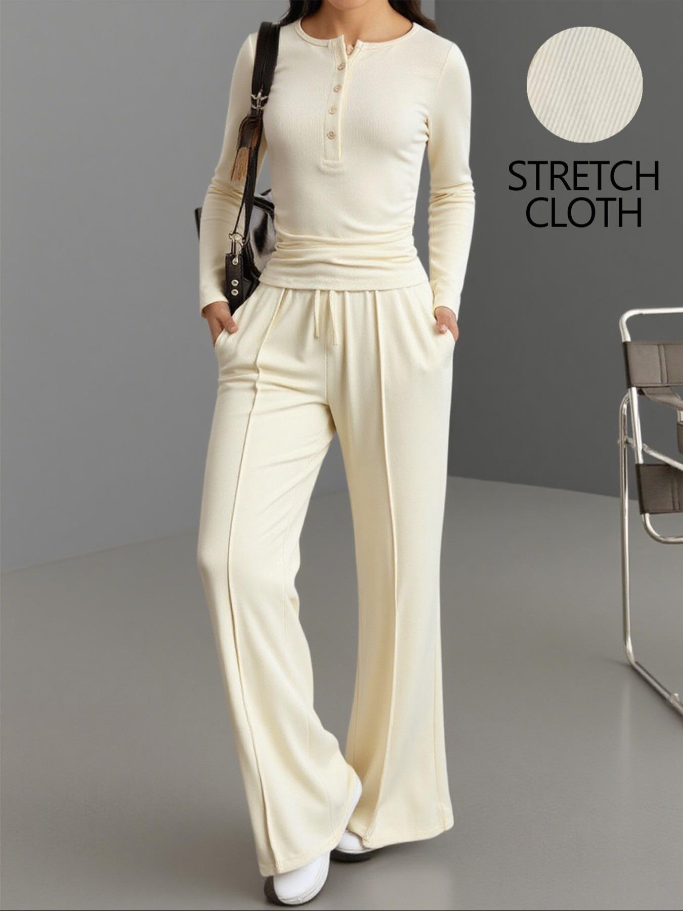 Women's Casual Long Sleeve Top & Wide Leg Pants Set, Autumn Winter Fashion, Comfortable Fit, Perfect for Daily Wear