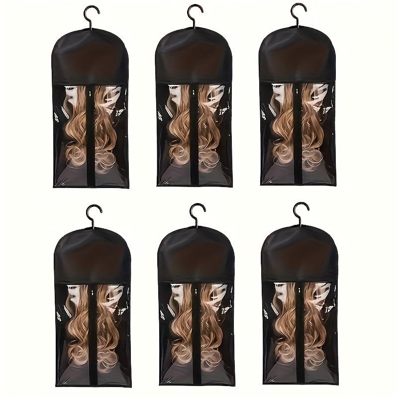 The wig storage bag is suitable for multiple wig stands and includes hangers for organizing wigs and hair extensions. It comes with 6 storage bags and 6 wig hooks.