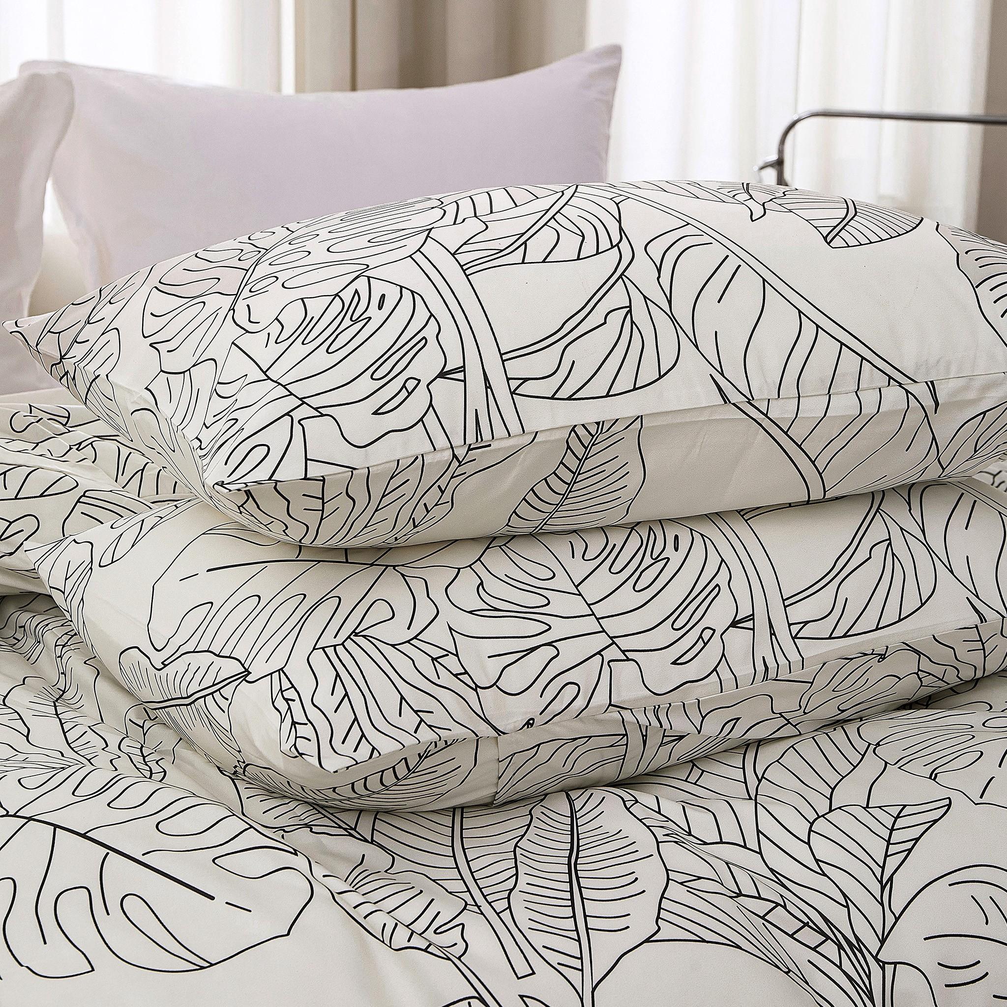 3-Piece Minimalist Line Tropical Leaf Printed Bedding Set, 1 Duvet Cover (No Insert) + 2 Pillowcases (No Insert), Soft Fabric with Easy Removable Zipper, Elegant Bedroom Decor, Spring & Summer New Duvet Cover