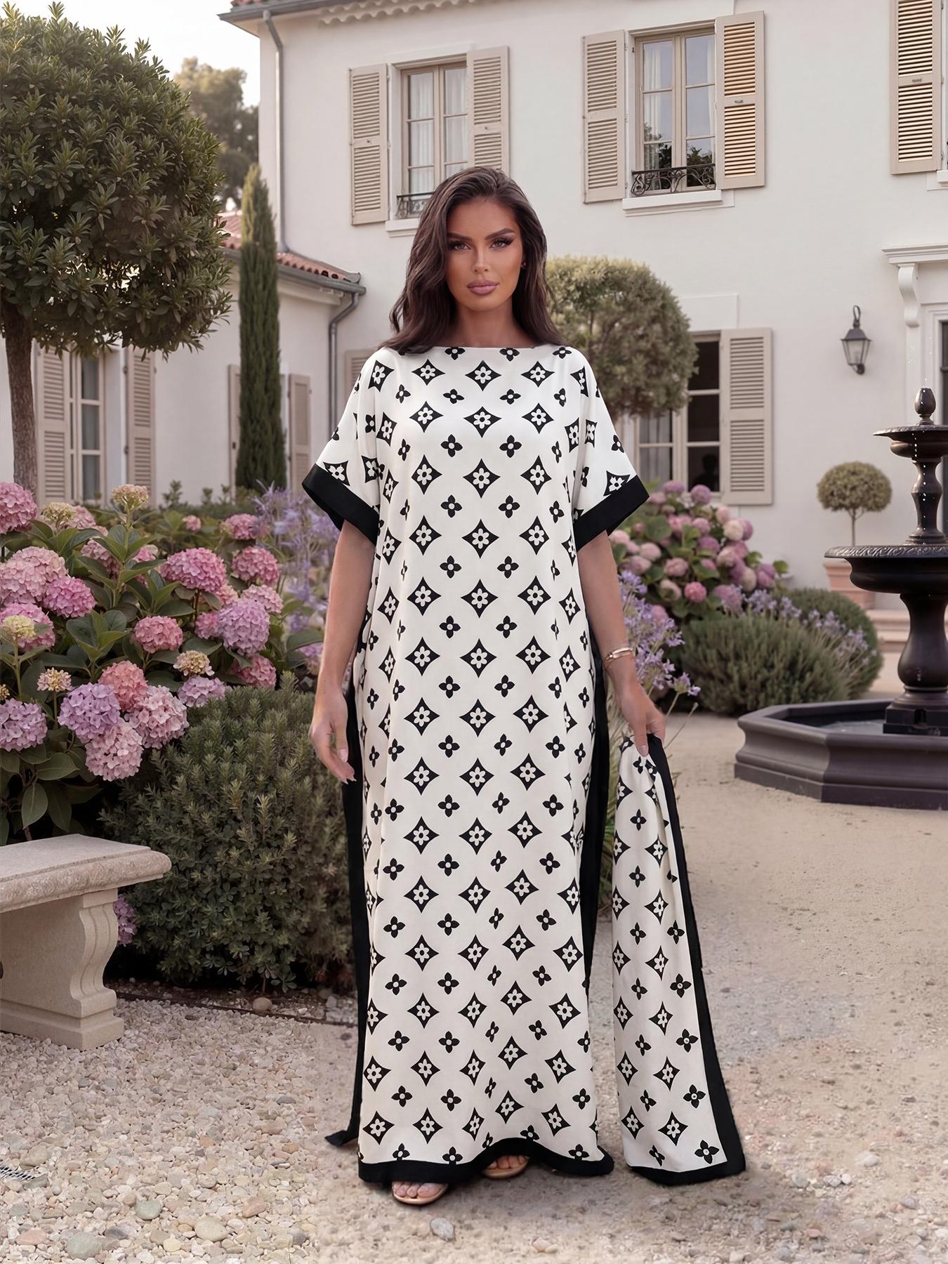 Women's Elegant Chic Geometric Print Robe Set, Long Dress & Scarf Shawl, Beach Sun Protection Satin Silk Matching Set