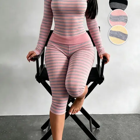 Women's Striped Two-Piece Stretchy Lounge Set, Round Neck Long-Sleeve Fitted Top and High-Waisted Capri Leggings, Comfortable All-Season Wear, Available in 3 Colors