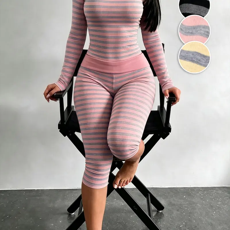 Women's Striped Two-Piece Stretchy Lounge Set, Round Neck Long-Sleeve Fitted Top and High-Waisted Capri Leggings, Comfortable All-Season Wear, Available in 3 Colors