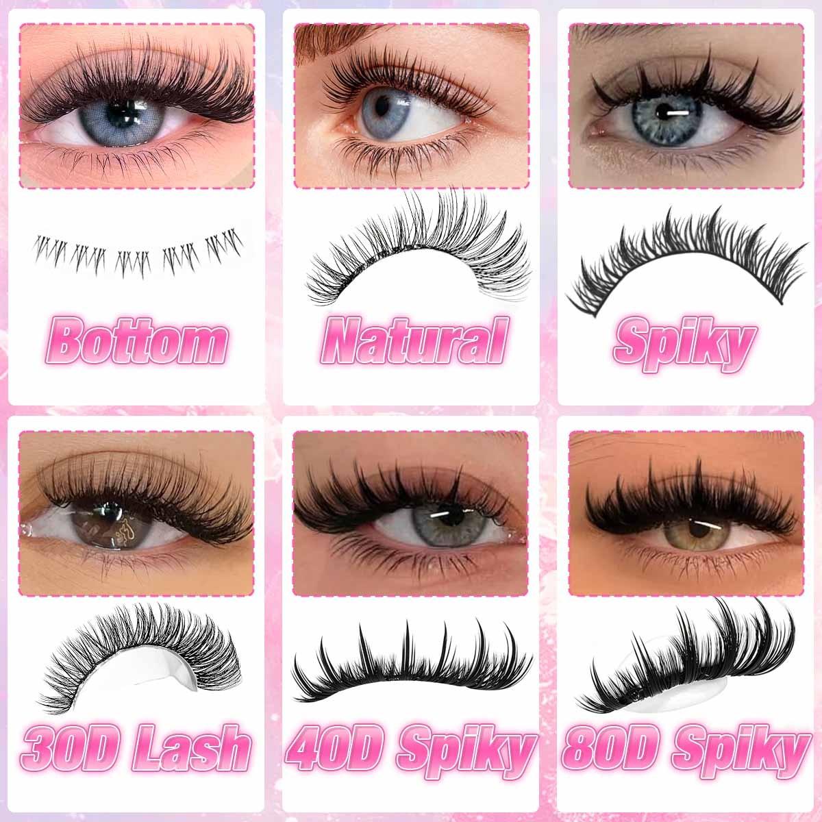 6 Styles Mixed DIY False Eyelash Extension Kit, Bottom Natural, Thick Spikes Lash Clusters with Bond and Seal, Tweezers Mixed Lengths Individual Cluster Lashes for Daily Use, Cat Eye Lashes, Reusable & Beginner Friendly, Beginner Friendly Eyelashes