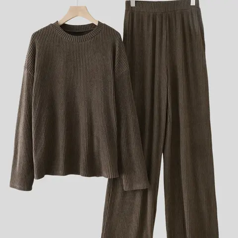 Women's Solid Color Round Neck Drop Shoulder Long Sleeve Soft Knit Top and Loose Wide Leg Pants Set, Matching Clothing Set, Casual Chic Everyday Home Wear, Comfortable and Versatile